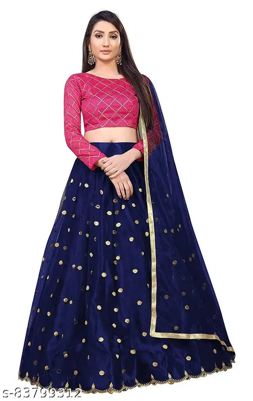 Royal Blue Taffeta Silk Lehenga Choli with Blouse & Net Dupatta, Indian designer net sequence, embroidered dupatta and checked top pattern