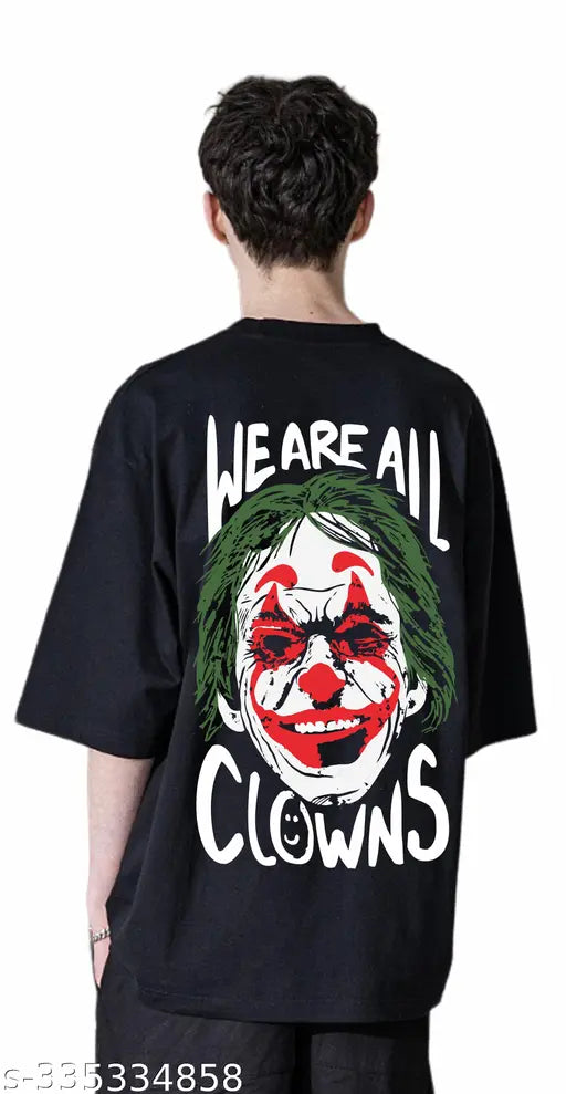 Black cotton blend joker oversized t-shirt with 3/4 sleeves, printed clown design for men on display