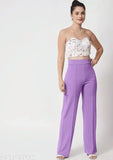 Cotton blend women's high-waisted bellbottom trousers combo of 3 in solid striped pattern, ideal for casual and formal events. India origin