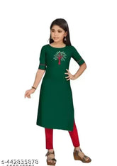 Cotton blend girls kurata in solid net, three-quarter sleeves, suitable for ages 6-13 years, Indian traditional clothing