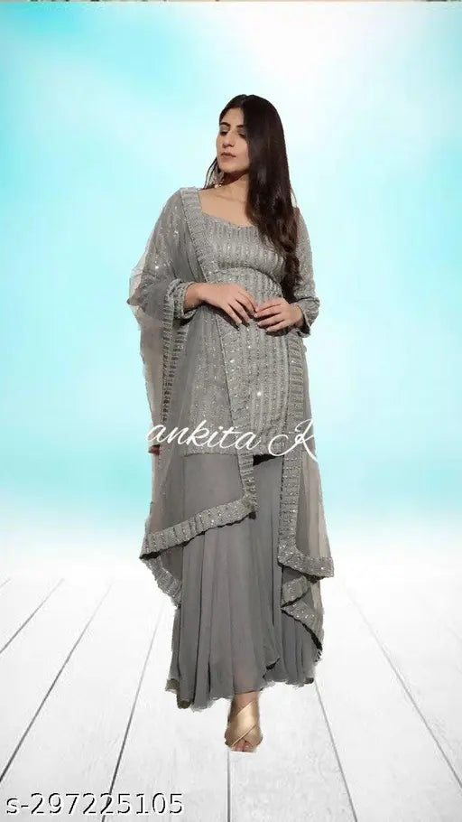Grey embellished georgette suit dress, women's single piece with dupatta and bottomwear, semi-stitched top, full stitched bottom and dupatta