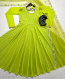 Georgette traditional anarkali gown and dupatta set for women, solid color, long sleeves, Indian origin