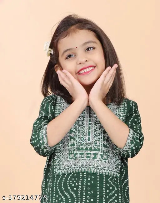 Printed rayon Bandhani Kurta and Palazzo set for girls, A-line with three-quarter sleeves. Indian embroidery work on 12-13 years size
