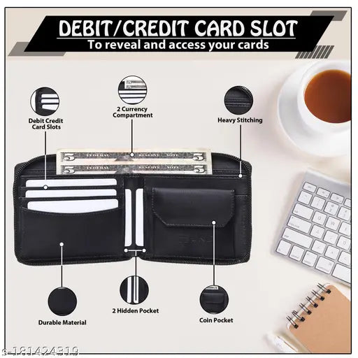 Black Faux Leather Round Zip Wallet for Men by JnD - Premium Quality, Secure Compartments