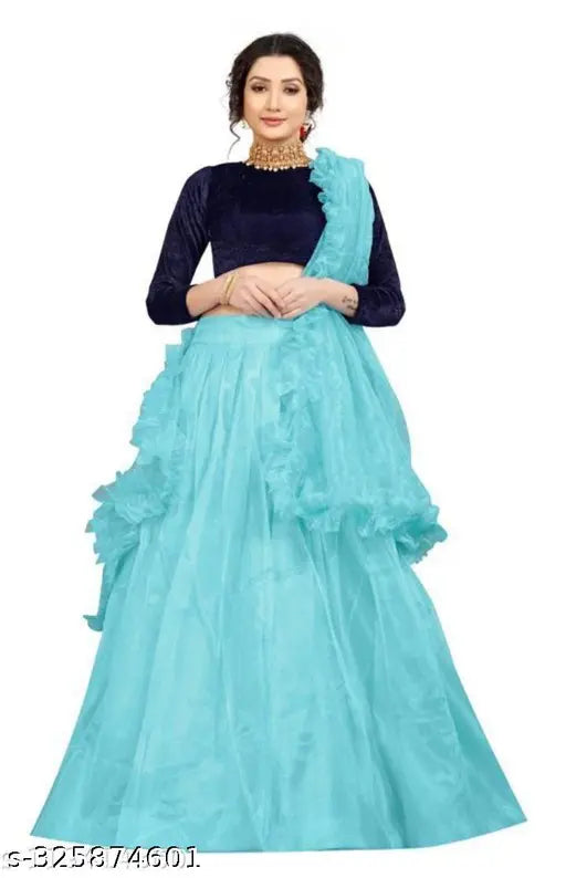 Velvet unstitched women's Navratri lehenga-choli, solid print with net dupatta, India origin