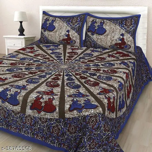 Stylish geometric print cotton flat sheets for double queen bed with 2 pillow covers, ideal for adult sleep, from India