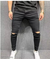 Cotton blend flaying men knee-slit black jeans DI2 - Solid black denim apparel for casual wear on model, available in sizes 28, 30, and 32