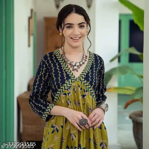 Middi green rayon anarkali kurti, trendy floral printed party wear gown for women's ethnic wear