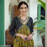 Middi green rayon anarkali kurti, trendy floral printed party wear gown for women's ethnic wear