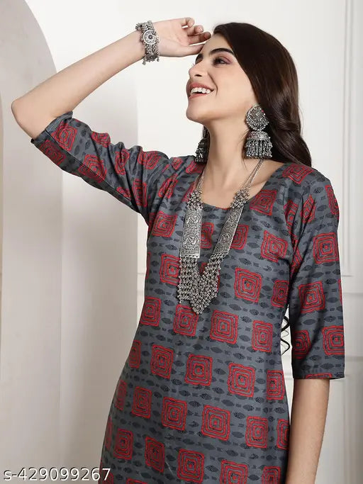 Premium crepe printed kurti with three-quarter sleeves, India-made women's casual wear