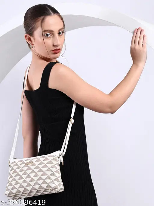 PU embossed geometric pattern sling crossbody bag for women, free size (L:10in, W:4in, H:6in), textured net design