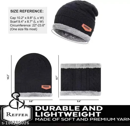 Wool snow-proof unisex beanie cap set with neck warmer, thick fleece lined for men & women. Solid color, perfect winter accessory." (107 characters)