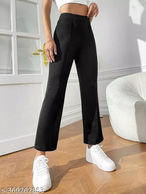 Cotton blend solid bell bottom trousers for women, black partywear pants (size 26/38in, India origin)