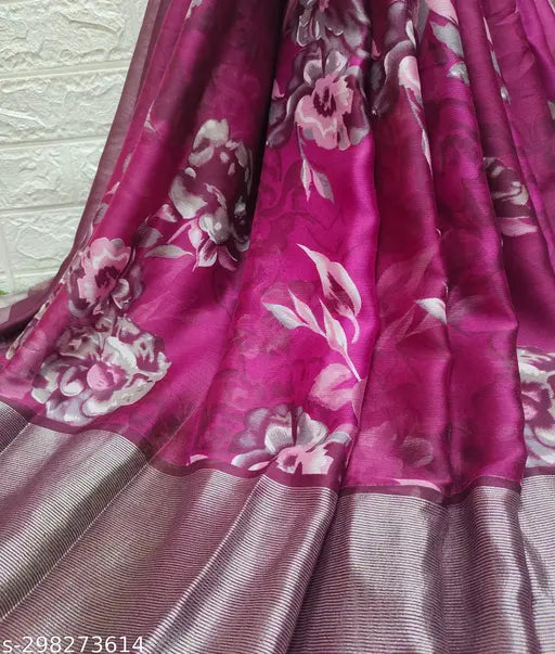 Soft Brasso Moss Chiffon Floral Print Saree with Contrast Blouse - Indian summer fashion