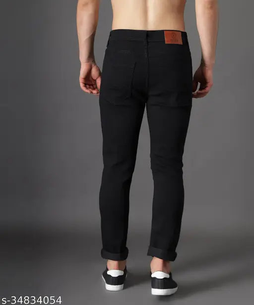 Solid black cotton blend jeans for men by Zaysh, stylish knee-cut with 34" waist, 40" length, and 38" hip