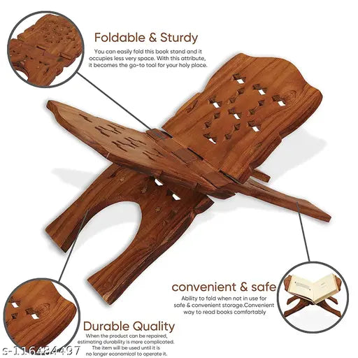 Wooden Rehal book stand for Quran, Bible, Gita, or Ramayana, measuring 12 inches x 5 cm x 12 cm in Feng Shui-inspired brown