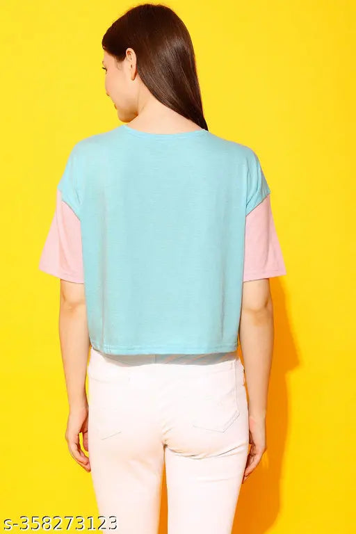 Colorblocked cotton half sleeve crop top for women, stylish fashion essential