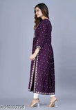 Purple Rayon Printed Ethnic Naira Cut Kurta S-36, M-38, L-40 - Indian women's fashionable rayon kurti with three-quarter sleeves and embroidery