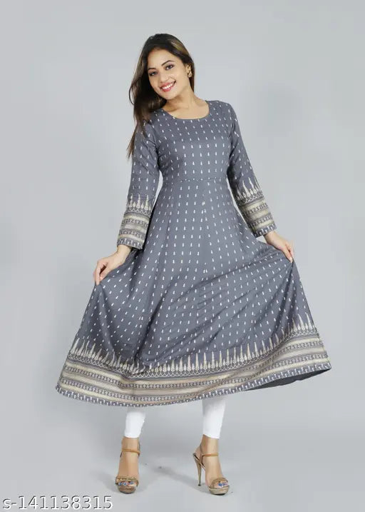 Grey rayon printed Anarkali kurti by Faheeman Garments, perfect for women's fashion events and outings in S, M, XL, XXL sizes. Stunning gold print design on long sleeves. Handcrafted in India