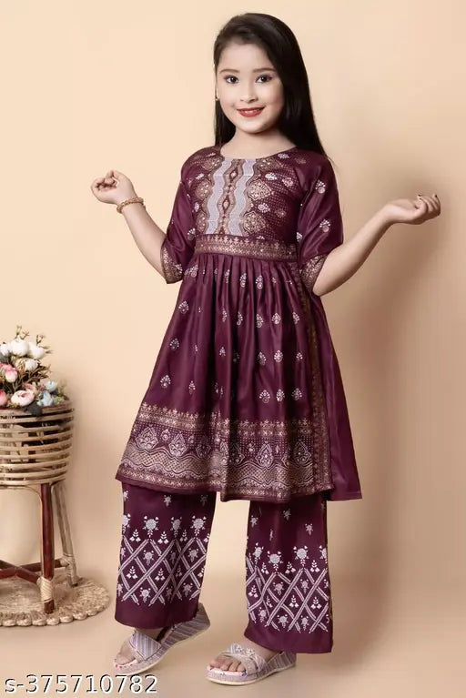 Maroon rayon Naira print Kurta and Palazzo set for girls by Rahul Mullick, three-quarter sleeve length
