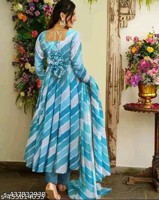 Georgette Laheriya print dress with dupatta and bottom, three-quarter sleeves. Stylish Indian women's kurta set, perfect fitting for S-XXL sizes