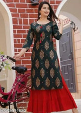 Green Rayon Kurtis & Lal Sharara, printed multicolor party wear with three-quarter sleeves and digital print. Styled for work, casual, daily, festival, or party events, accessorized with leggings or palazzos. Indian origin