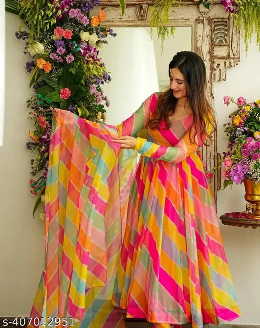 Designer traditional Georgette gown with long sleeves and floral print, Indian ethnicwear for women