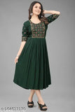 Green rayon Victoriya Kurti with embroidery, three-quarter sleeves. Indian traditional embroidered kurti for women's functions and festivals