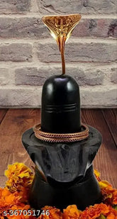 Black marble Shivling with copper snake, 3-inch temple decor for Puja Ghar