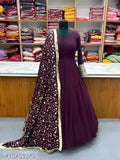 Purple embroidered Georgette flared Kurta (set of 3), traditional Indian ethnic wear for women, long sleeves, solid pattern, high quality material, suitable for parties or weddings