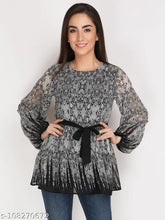 Black polyester snack print balloon sleeve top with self-design net, stylish for all body types, India origin