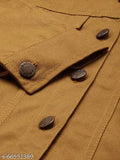 Brown denim casual jacket with flap pockets and three-quarter sleeves, solid pattern on denim fabric. Ideal for a versatile women's wardrobe from India