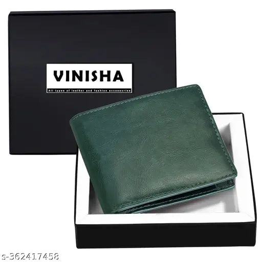 Green faux leather bi-fold wallet for men, solid pattern with 2 cash and slip compartments, 3 card slots, free size (11cm x 8cm)