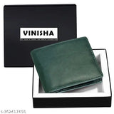 Green faux leather bi-fold wallet for men, solid pattern with 2 cash and slip compartments, 3 card slots, free size (11cm x 8cm)