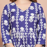 Blue floral print rayon Anarkali kurti, comfortable and breathable for women's ethnic wear