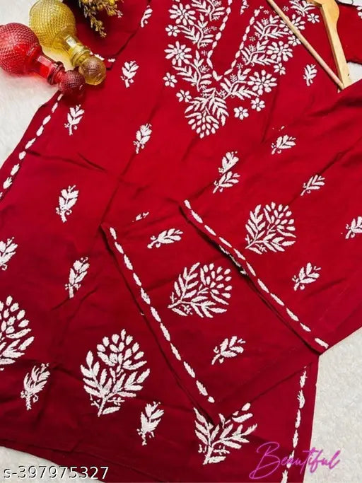 Rayon embroidered kurta set with plazoo, three-quarter sleeves, Indian wedding season, chikankari work on display