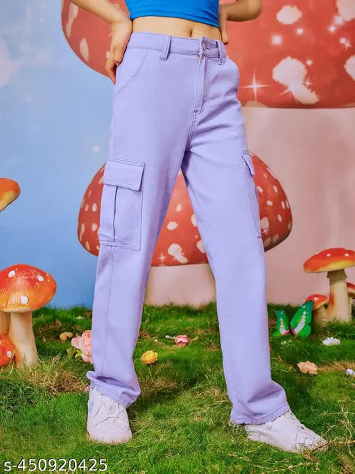 Lavender cotton blend cargo pant for woman, high waist, functional pockets, zipper fly closure - perfect for casual daily wear and weekends, machine washable