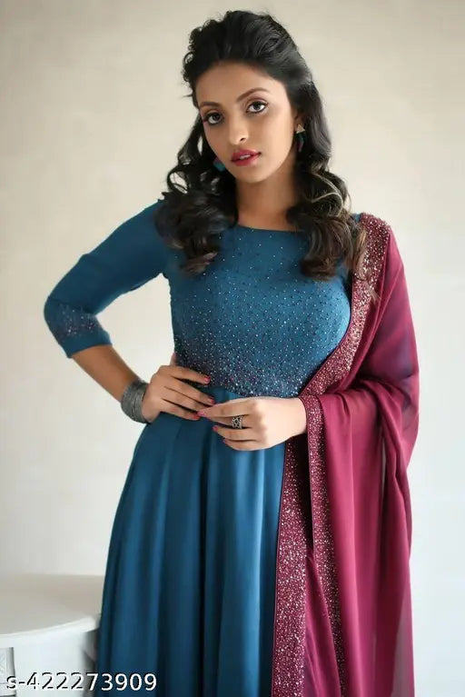 Georgette hotfix work gown with dupatta, embellished net, three-quarter sleeves, India-made fashion for professional women