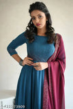 Georgette hotfix work gown with dupatta, embellished net, three-quarter sleeves, India-made fashion for professional women