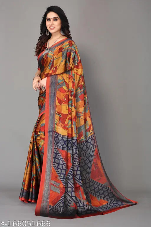 Vivostav chiffon printed saree with blouse piece, Indian design in free size, chiffon fabric, slightly color-varied due to screens and photography