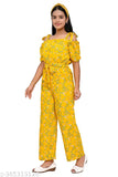 Red printed crepe dress set for girls party wear, featuring tops, bottoms, jumpsuit, and romper in sizes 8-9, 9-10, 10-11, 11-12, and 12-13 years. Indian-made fashion for summer