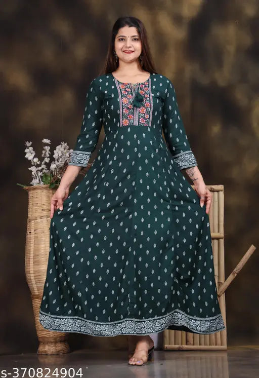 Rayon floral printed anarkali kurti, three-quarter sleeves, solid print ankle length, best quality new design for Indian women's fashion