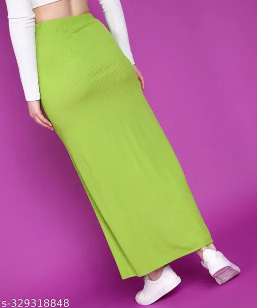 Green solid A-line skirt, polyester, women's POPWINGS. Premium quality, adjustable fit, long slit maxi skirt for formal events or everyday wear. Indian origin