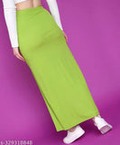 Green solid A-line skirt, polyester, women's POPWINGS. Premium quality, adjustable fit, long slit maxi skirt for formal events or everyday wear. Indian origin