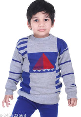 Boys wool sweater set with long sleeves, printed net pattern. Luxurious woolen sweater for boys in various sizes from 9-12 months to 1-2 years. Made in India