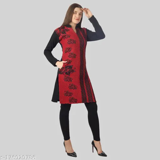 Mandarin red A-line wool kurti, printed floral design, perfect for winter, India origin