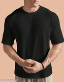 Men's popcorn sleeve short-sleeved solid black t-shirt, trendy and good looking, size M (Chest 15 in, Length 10 in) from India