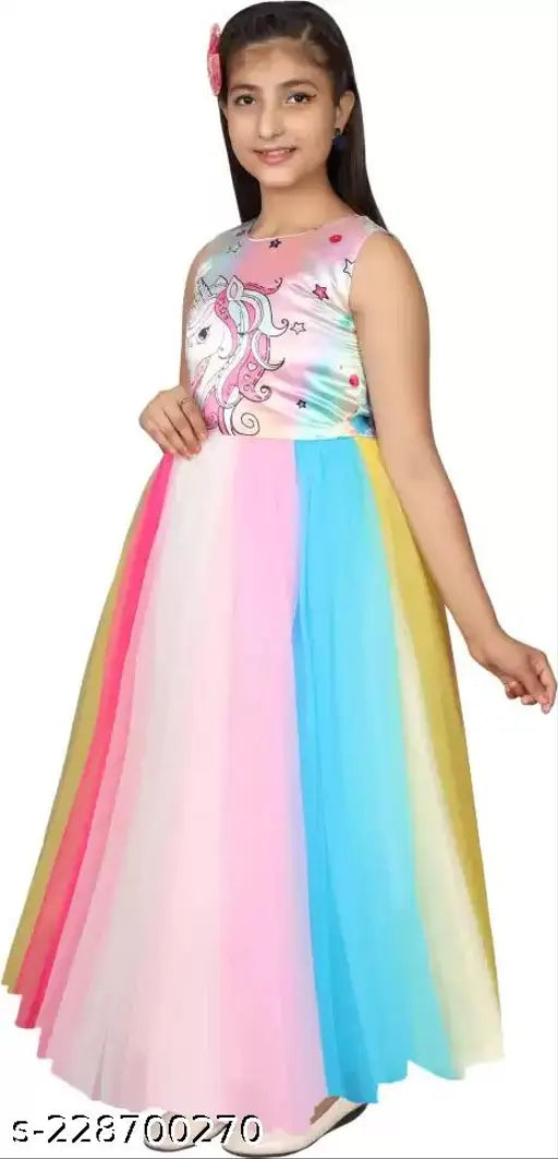 Multicolor unicorn printed gown for girls kids party wear, net fabric, high low design, corsage detail, Kittyfashion brand