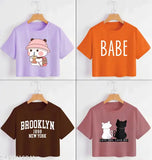 Pretty feminine cotton blend crop t-shirt with printed design, short sleeves and a vibrant color palette