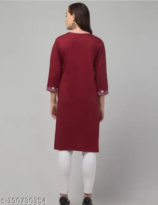 Woolen aari work embroidered kurti with three-quarter sleeves, wool fabric, Indian handcrafted fashion for women